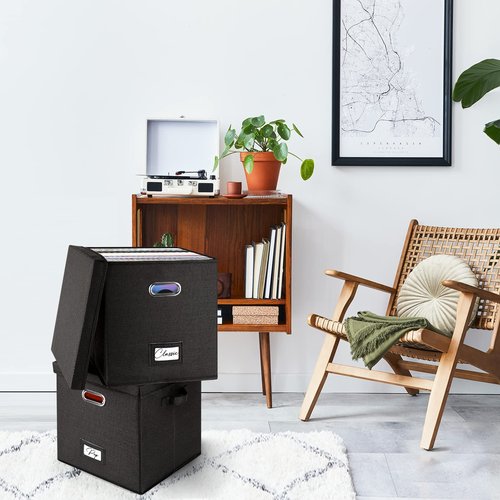 Vinyl Record Storage Box for 50+ Single LPs (12-Inch), Stackable Albums Linen Crate with Lid, Collapsible Play Music Collection Holder, Document File Folder Cabinet Organizer Case with Handle
