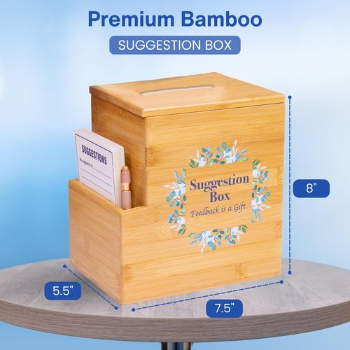Suggestion Box with Slot, Donation, Rustic Feedback for Patient Care and Prayer Requests, 8H x 5.5W x 7.5L inch, Sustainable Bamboo Wood, School Voting