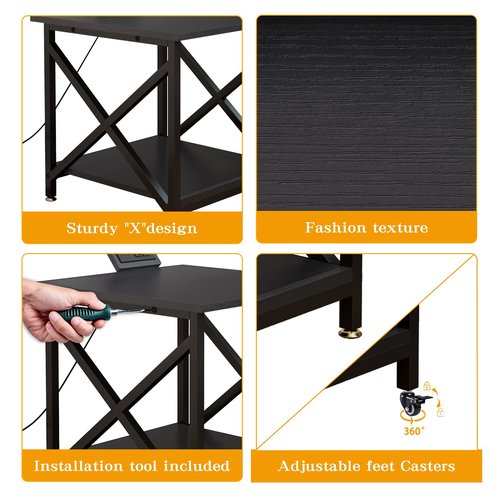 METYERRY Large Printer Stand with Power Outlet, with Storage Shelf, 2 Tier Rolling Printer Cart with Industrial Wheels, 23.6 x 23.6 Inches Printer Table for Home Office,Black