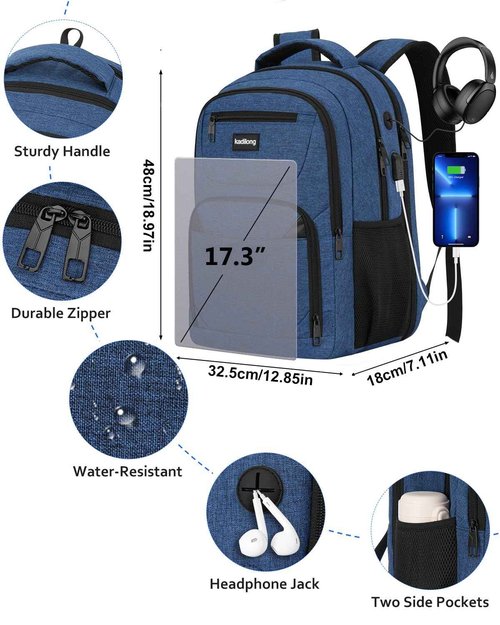 kadilong Laptop Backpack for Women & Men,Business Anti Theft Slim Computer Bag with USB Charging Port,Water Resistant College Computer Bag for Teens Boys Fits 17.3 Inch Laptop and Notebook, Blue