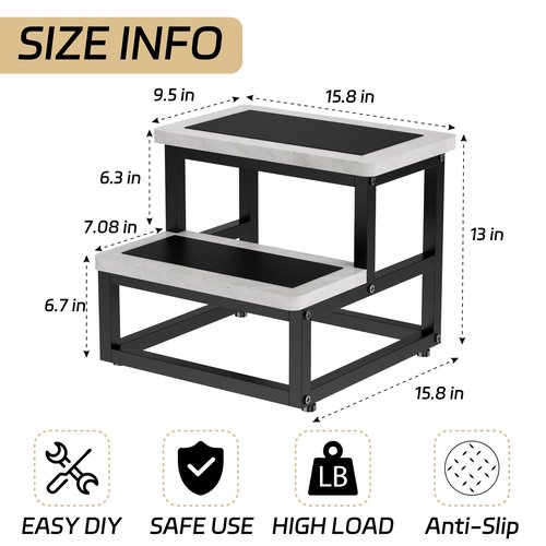 SZLHANJZ Step Stools, Heavy Duty Stepping Stool for Kids Adults, Non-Slip Metal and Wooden 2 Steps Foot Stool for High Beds and Kitchen, Round Corner, 500 Lbs Capacity, Cement Gray