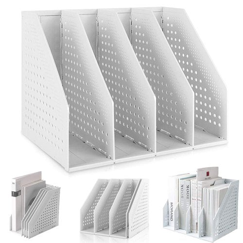 Lemical Magazine Holder 4 Vertical Compartments Collapsible Magazine File Holder Space Saving Rack Home Kitchen Desk Organizer No Need Assemble Gray