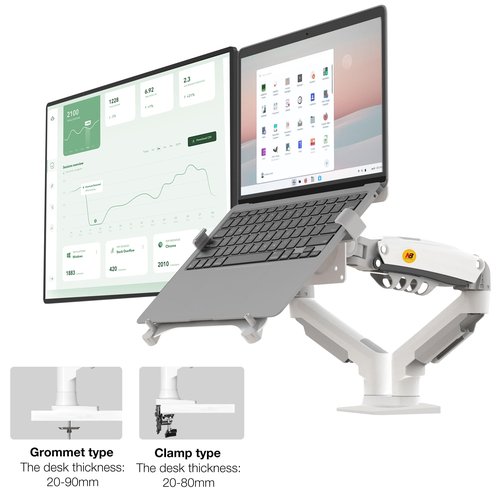 NB North Bayou Laptop Mount with Adjustable Tray for 10-17”Notebook, Full Motion Arm with VESA Plate for 17-30”Monitor,Clamp-on Grommet Mounting F160-FP (White)