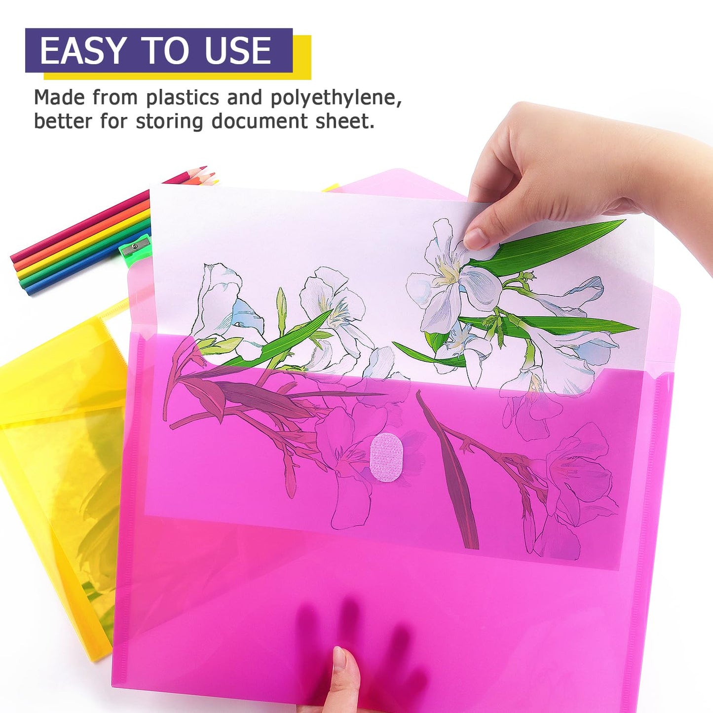 Tamaki 6 Pack Plastic Envelopes Poly Envelope Folder Clear Document Plastic File Folders Organization with Hook & Loop Closure, Letter Size/A4 Size, Envelope Folders for School Office