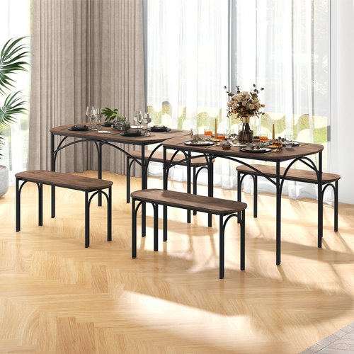 Giantex Dining Table Set for 4, Modern Oval Kitchen Table Set with 2 Benches, Metal Frame, Space Saving Kitchen Table Chairs Set of 4, 3-Piece Dinette Set for Small Space, Breakfast Nook Table Set