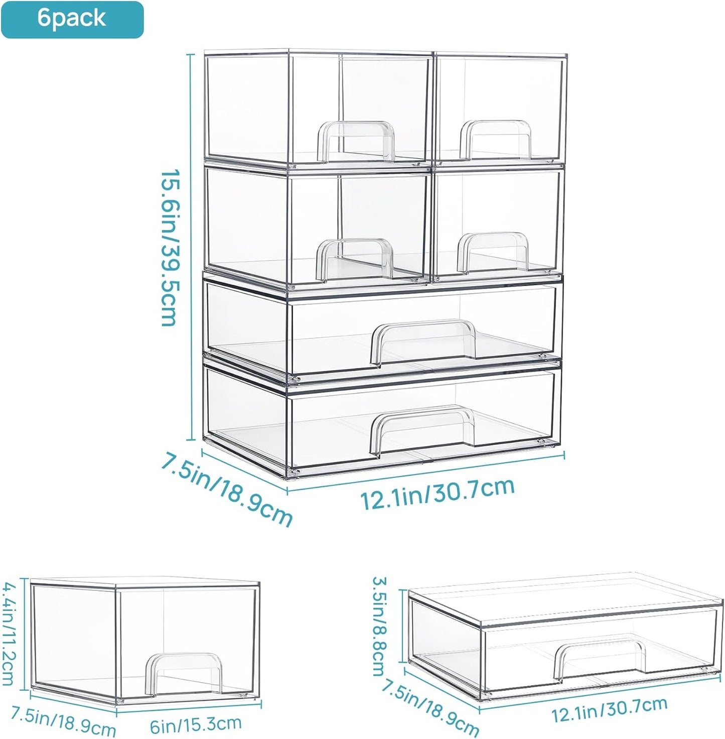 Vtopmart Stackable Storage Drawers - Clear Plastic Organizer Bins for Bathroom & Pantry | Set of 6
