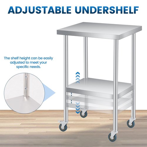 PeakPursuit Stainless Steel Table with Wheels-14x24x35Inch Metal Work Table with Lockable Wheels, 2 Tiers Stainless Prep Table with Adjustable Shelves for Kitchen, Office, Commercial and Gar