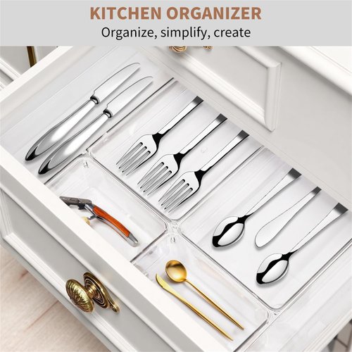 Haivlok 8 Pack Drawer Organizer for Kitchen Gadgets - PET Plastic & Sturdy Large Clear Drawer Divider for Kitchen Accessories, Bathroom Organizers and Storage, Makeup & Desk Organizer Tray for Gift
