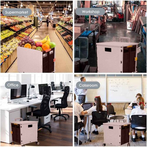 SELORSS Foldable Utility Cart Portable Collapsible Crate Rolling Carts with Wheels Rolling Tote Basket Teacher Cart with Lid Wear-Resistant 360°Rotate Wheel Noiseless for Shopping Storage Office Use