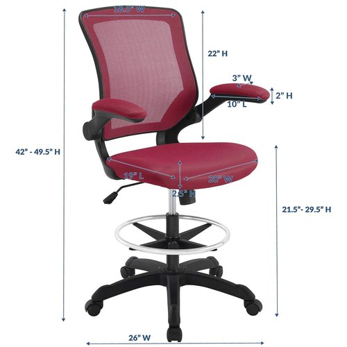 Modway MO-EEI-1423-RED Reception Desk Flip-Up Arm Drafting Chair, Nylon in Red
