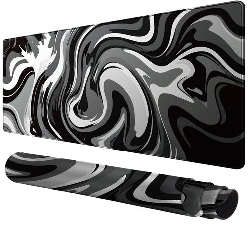 Large Gaming Mouse Pad - Black and White Mouse Pad with Stitched Edges, Extended XL Mousepad with Anti-Slip Rubber Base, Ink Liquid Wave Desk Mat for Keyboard and Mouse(31.5x15.8 inch)