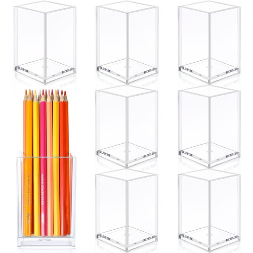 8 Pack Clear Acrylic Pen Holder Cup Makeup Brush Holder Desk Goth Accessories Holder Acrylic Clear Container Organizer for Office School Home Supplies