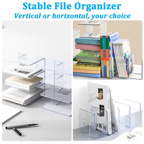 Acrux7 4 Pack Clear Acrylic File Organizer 4 Sections Acrylic Desk File Sorter 12.8 x 5.6 x 5.1 Inch Vertical Desk File Organizer, Acrylic Dividers for Office Home Shelves Book Mail Purse Handbag