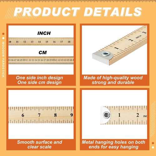 Hoteam 50 Pcs Heavy Duty Wooden Yardstick 36 Inches Natural Wood Yard Stick Ruler with Hang Hole Metal Tips 1/4-inch-thick Yardstick Ruler Metal Ends Meter Stick Clothing Measuring Home Office