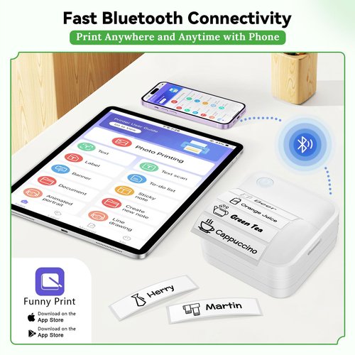Miouca Label Maker Machine with Tape - Mini Sticker Printer Bluetooth Label Printer for Home Office Organization, Portable Thermal Sticker Maker Print Pod with Multiple Templates for Phone(White)