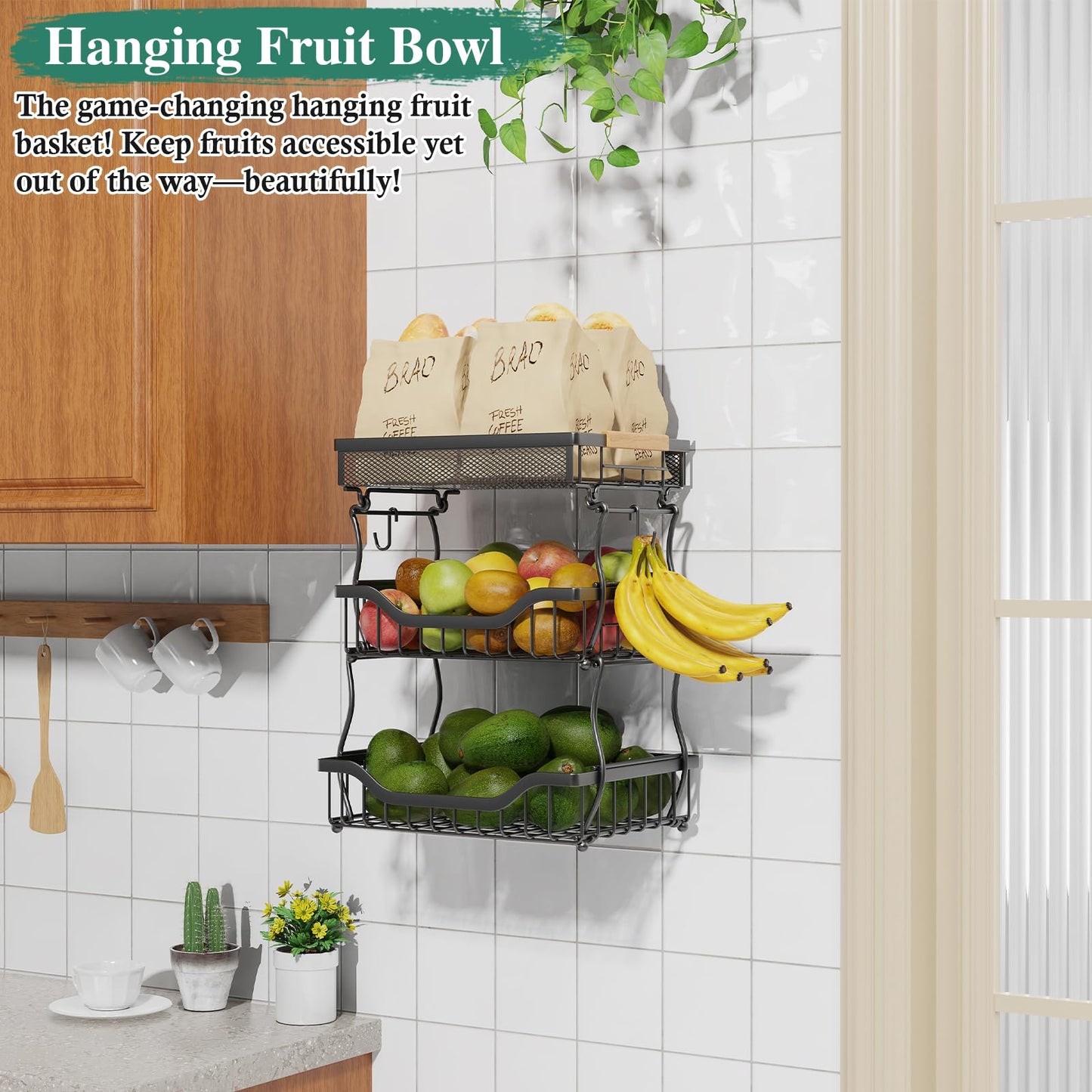 OKZEST 3-Tier Fruit Basket Fits Under Standard Upper Cabinet, 17.2" Tall