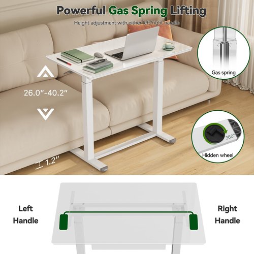 Gibbon Mounts Glass Standing Desk with Drawers,35inch Small Mobile Laptop Desk, Height Adjustable Rolling Sit Stand Desk, White Pneumatic Portable Computer Desk with Hidden Wheels or Lockable Casters