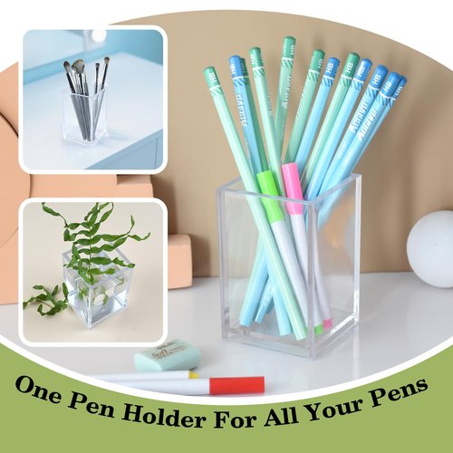 10 Pack Clear Acrylic Pen Holder for Desk, Pencil Cup Makeup Brush Organizer, Square Acrylic Pencil Holders for Office School Home Supplies, Desktop Stationery Organizer for Pens Markers Brushes