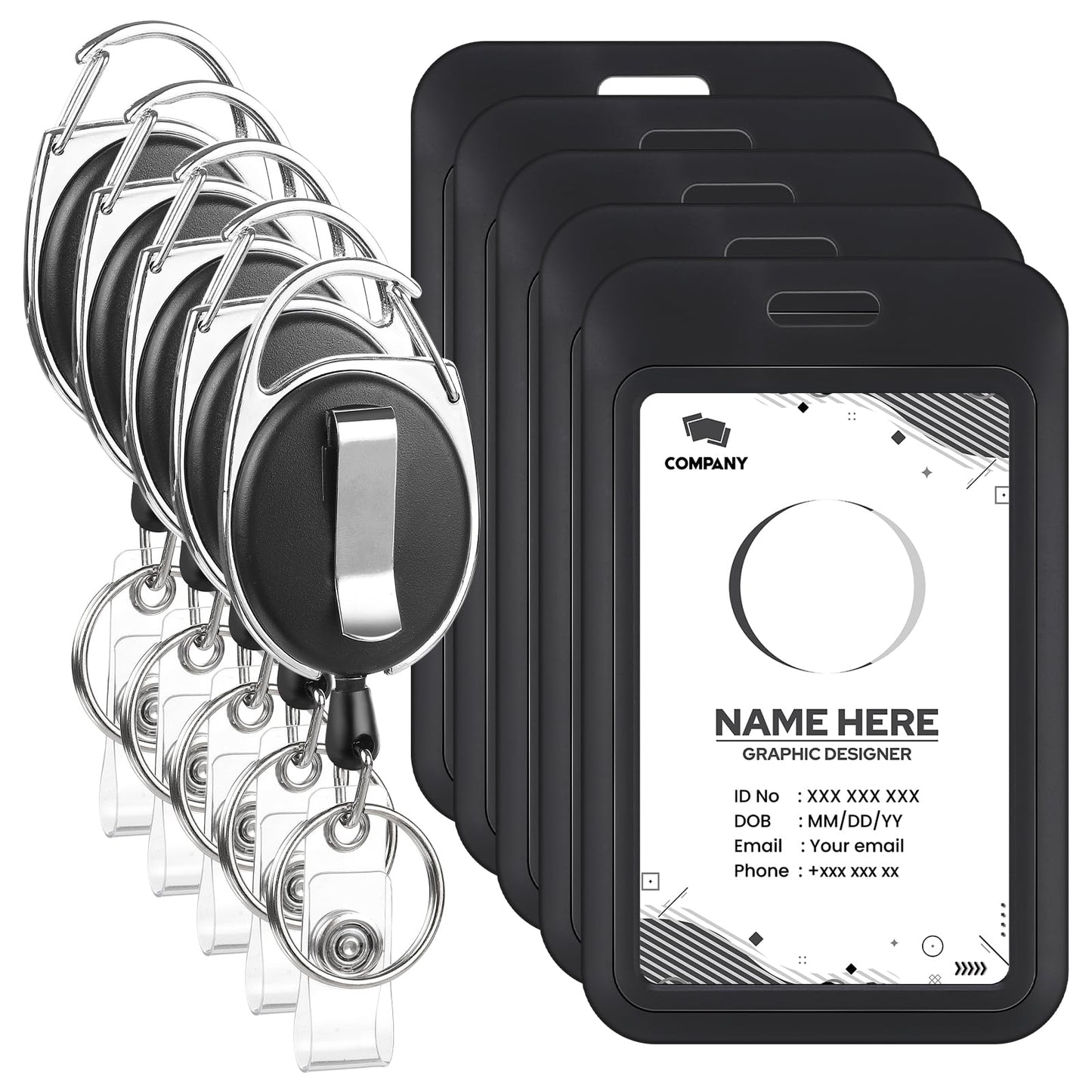 5 Pack Badge Holder Retractable Clip Heavy Duty Reels with Vertical Sliding ID Badge Holder Black Hard Plastic for Women Nurse Teacher Student