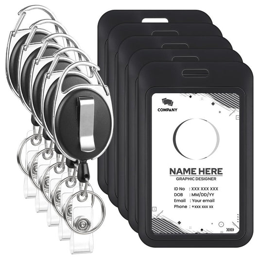 5 Pack Badge Holder Retractable Clip Heavy Duty Reels with Vertical Sliding ID Badge Holder Black Hard Plastic for Women Nurse Teacher Student
