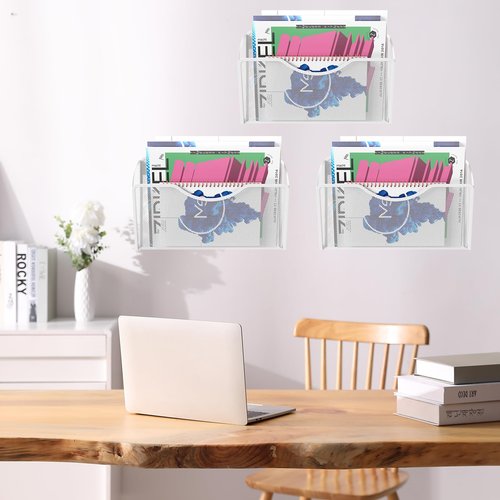 KZWKRG 3 Pack Wall File Organizer, Vertical Mesh Hanging Wall File Holder, Wall Mounted Basket Magazine Mail Organizer for Office, Home(White)