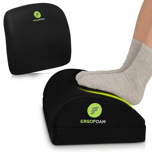ErgoFoam Adjustable Foot Rest (Teardrop, Velvet, Black) and Lumbar Support Pillow Bundle