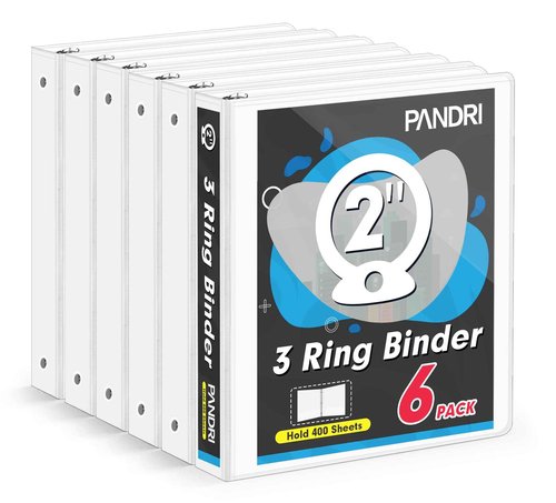 3 Ring Binder 2 Inch, PANDRI 6 Pack 2-Inch Binder Fits Letter Size 8.5'' x 11'' Paper, Versatile Binders for Office Home School, 2 Pockets, White