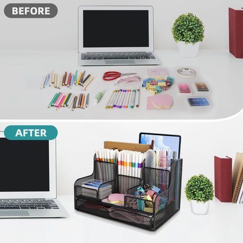 Essovee Black Mesh Desk Organizer Caddy and Accessories with 7 Compartments, Mesh Multifunctional Desktop Accessories Organizers Office Supplies Desktop Organizer for Home, Office