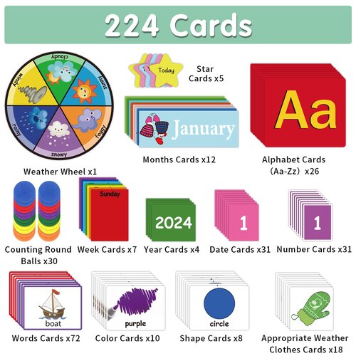 Boczif Circle Time Learning Center Pocket Chart for Classroom, Educational Teaching Materials Learning Calendar Weather Number Counting Letter Color Shape Wording Rhyme Pictures