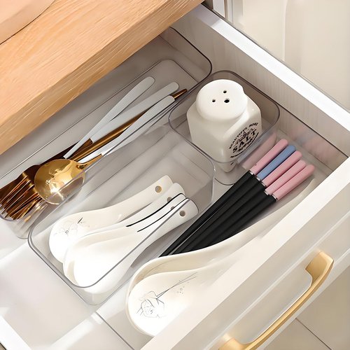 Kutesna 25 PCS Improved Large Drawer Organizer Set, Clear Plastic 4-Sizes Desk Organizer Trays, Drawer Dividers & Storage Bins for Office, Makeup Vanity, Kitchen, Bathroom, Jewelry, Gadgets