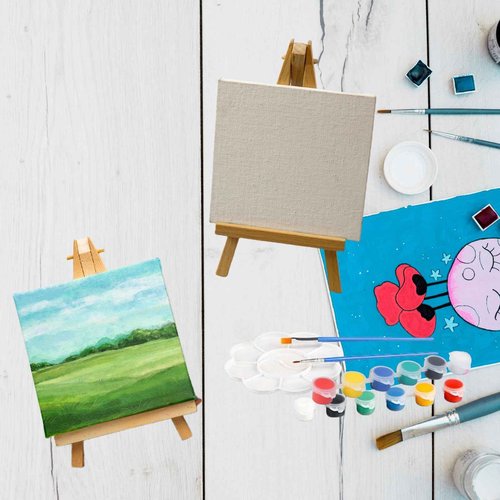 NNHOM Mini Canvas and Easel Set for Painting,96 Pcs Full Small Canvas Kit,with 12 Sets Art Canvas/Wood Easels/Watercolor Paints/Bags/Aprons,for Kids Sip & Paint Party & Beginner Supplies