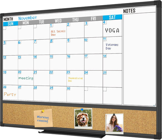 XBoard Dry Erase Calendar | 36" x 24" Magnetic Whiteboard & Corkboard Combo with Push Pins & Marker Tray