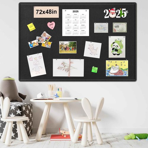 Large Bulletin Board - 72 x 48 Inches, Foldable Decorative Felt Board for Wall Photo Display Board with Self-Adhesive Tape, Includes 36 Push Pins - Black