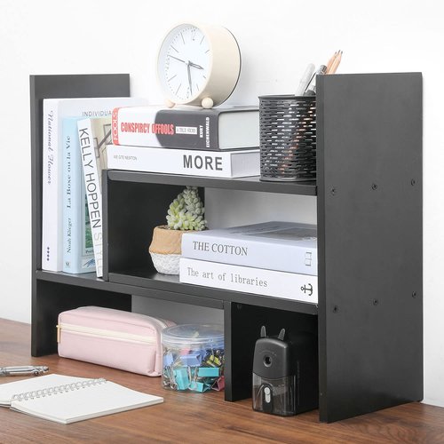 MyGift Adjustable Gray Solid Wood Desktop Storage Organizer Display Shelf Book Rack, Home Office Desk Decor Bookshelf