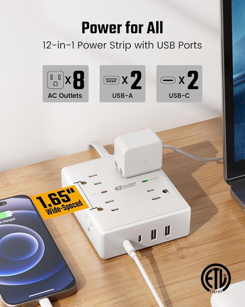 Skiennix 10Ft Extension Cord - Flat Plug Surge Protector Power Strip with 8 Outlets & 4 USB Ports | Ideal for Home Office & Dorm Room Essentials