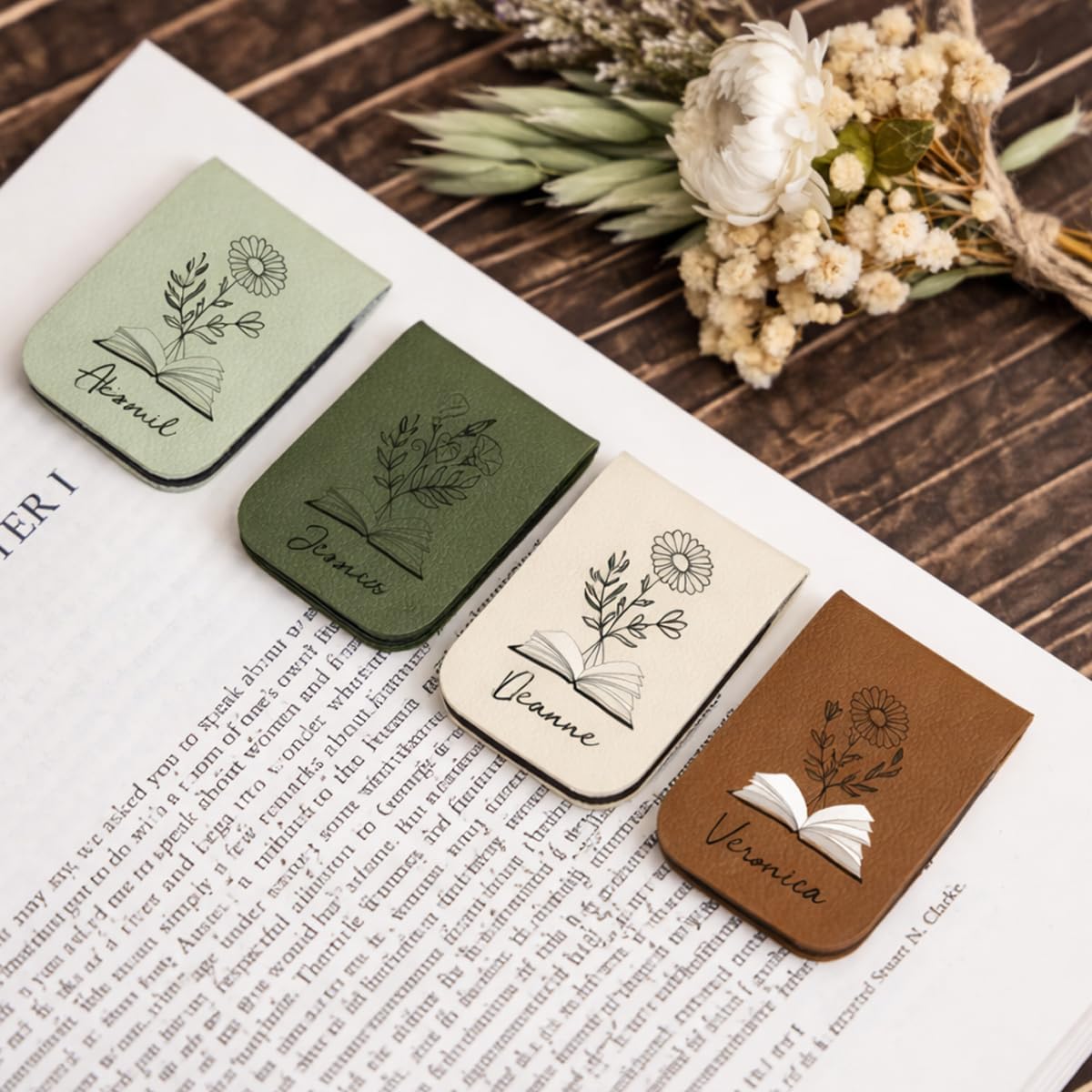 Skiennix Personalized Leather Magnetic Bookmark - Custom Birth Flower Design | Unique Gift for Readers