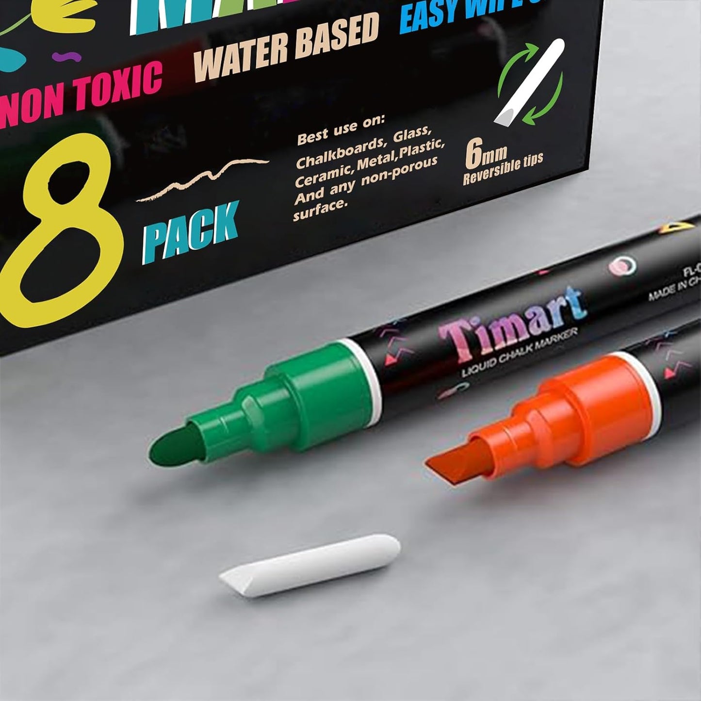 Timart Liquid Chalk Markers - 6mm Bold Tip Dry Erase Pens for Chalkboards & Windows | Classic Reversible Tip