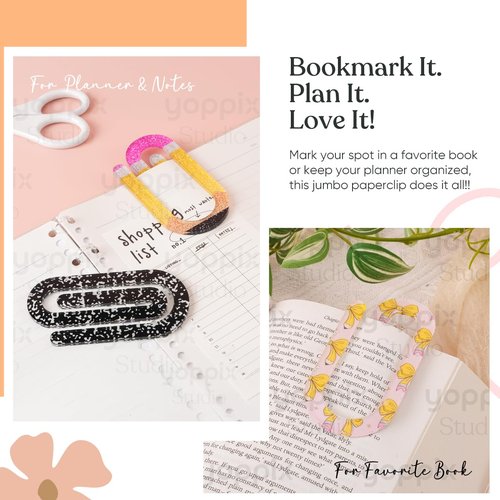 YOPPIX 20 Set Jumbo Teacher Acrylic Paper Clips with 20Pcs Exclusive Back Card, Cute Pencil Paperclip Design for Office Classroom Bookmark Gift Book Lovers, Back to School Supplies