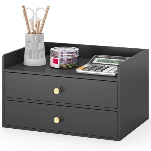 Xadgve Bamboo Desk Organizer - Stackable, No Assembly Required, Ideal for Office/Home Use - Perfect for Toiletries, Stationery, Accessories. (Black, Two level drawer box with sides)