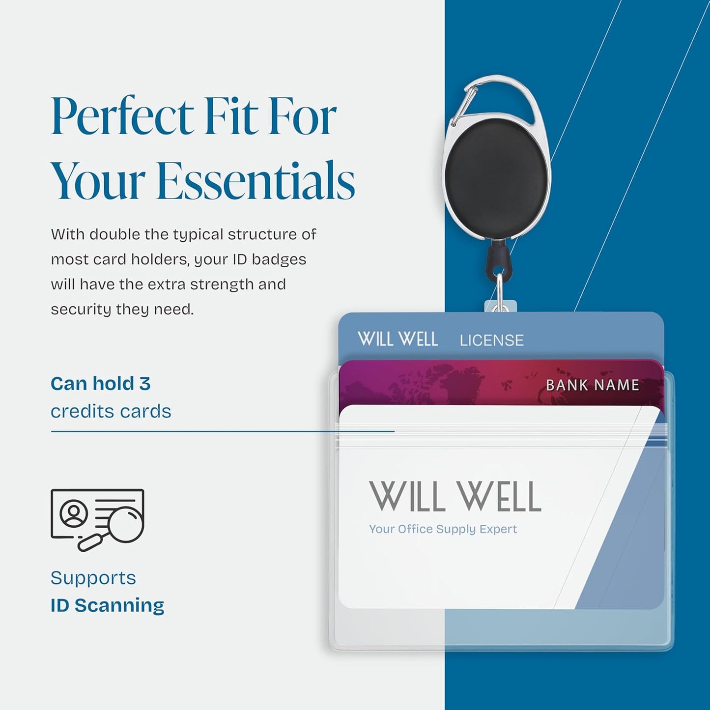 Will Well ID Badge Holders - Horizontal Clear Plastic Sleeves for 3 Cards | 10-Pack with Retractable Cords