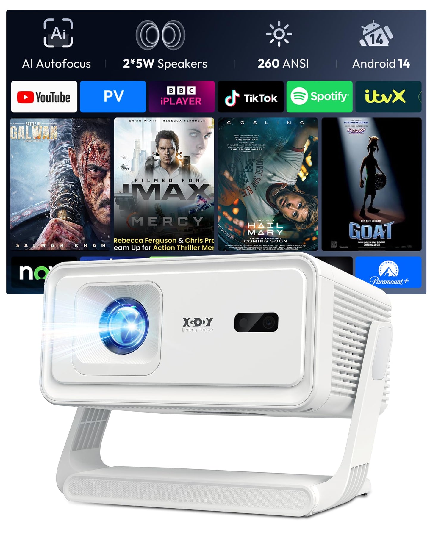 Projector with WiFi and Bluetooth Supports 4K 1080P Portable Smart Projector, XGODY Gimbal A1 Auto Focus, 6D Auto Keystone Correction, 180° Rotation, Android 14 Home Theater Movie Projector