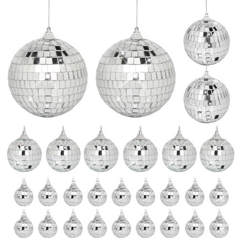 Mini Mirror Disco Ball Ornaments: Hanging Disco Ball Silver Party Decorations Set 28 Pack - Small Mirror Balls Decor for Wedding Christmas Birthday Cake Topper (1.2/1.6/2/2.4 Inch)