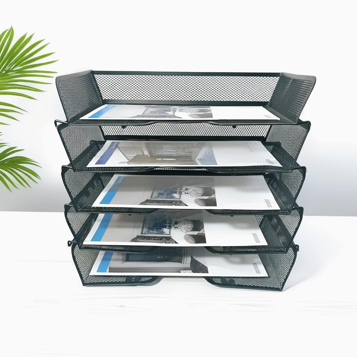 5 Tier Metal Mesh Desk Organizer-Stackable Letter Trays for Office Supplies,Black File Storage System with Reinforced Edges