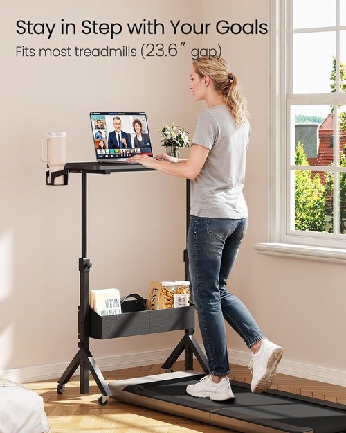 ErGear Mobile Standing Desk - Adjustable Height 28.3″ to 46.1″ | Rolling Laptop Cart with Cup Holder & Storage Basket - Black (31.5″ x 15.75″)