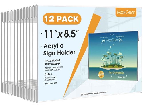 MaxGear Acrylic Sign Holder 8.5x11 with Double Sided Tape, 12 Pack Clear Plastic Door Wall Mount Sign Holder, Document Flyer Poster Paper Acrylic Wall Frame for Office, Home, Store, Restaurant