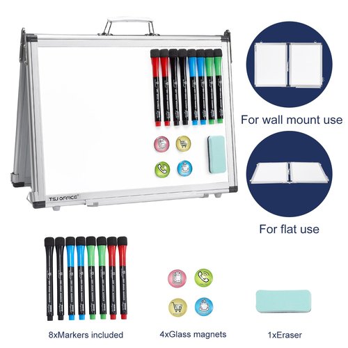 TSJ OFFICE Small White Board - 12 x 16 Inches 4 Sides Portable Whiteboard Mini Foldable Magnetic Desktop Easel for Students, Tabletop Memo with 4 Hooks for Wall Hanging Office, School, Home