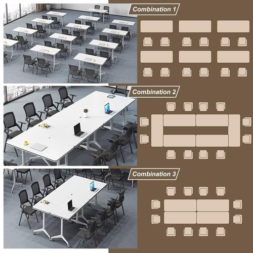 Conference Table 4-Pcs Conference Room Table 2-10 People Folding Conference Table with Wheels Modern Conference Room Foldable Mobile Flip Top Table White Training Room