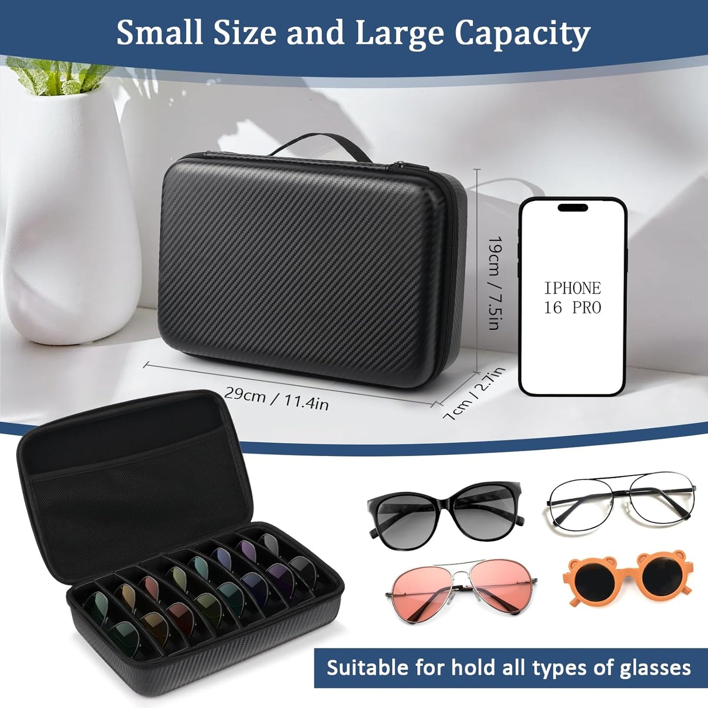 Skiennix Travel Sunglasses Organizer - Hard Shell Eyeglass Case with Adjustable Slots for Multiple Pairs
