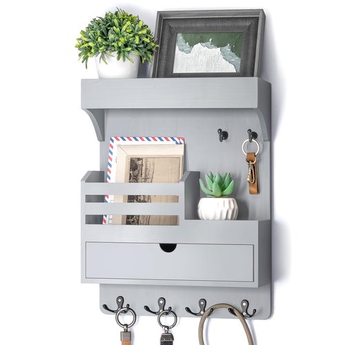 Rebee Vision Wooden Key Holder Wall Mount with Drawer Organizer – Modern Mail and Key Organizer for Wall Featuring 6 Robust Hooks & a Floating Shelf – Trendy Home Decor Solution (Gray)