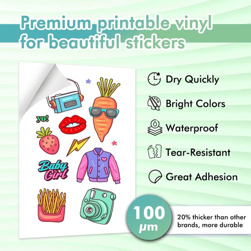 Koala Printable Vinyl Sticker Paper - 100 Sheets Matte White Waterproof 8.5x11 Inch for Inkjet Printers